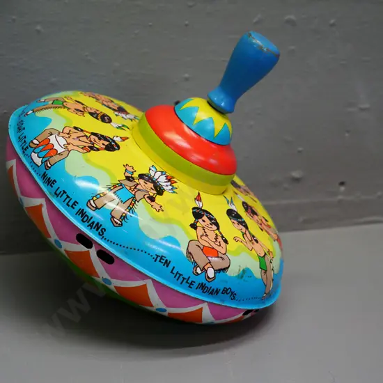 tin toy spinning top with wooden  handle - marked 'Ohio Art' - diameter 170