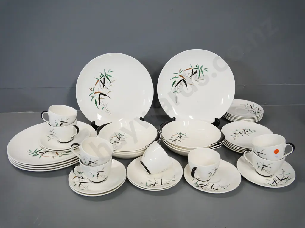 assorted Royal Doulton Bamboo dinnerware - 8 cups & saucers, 5 sides, 6 dinners, one has chip, etc. Image 1++