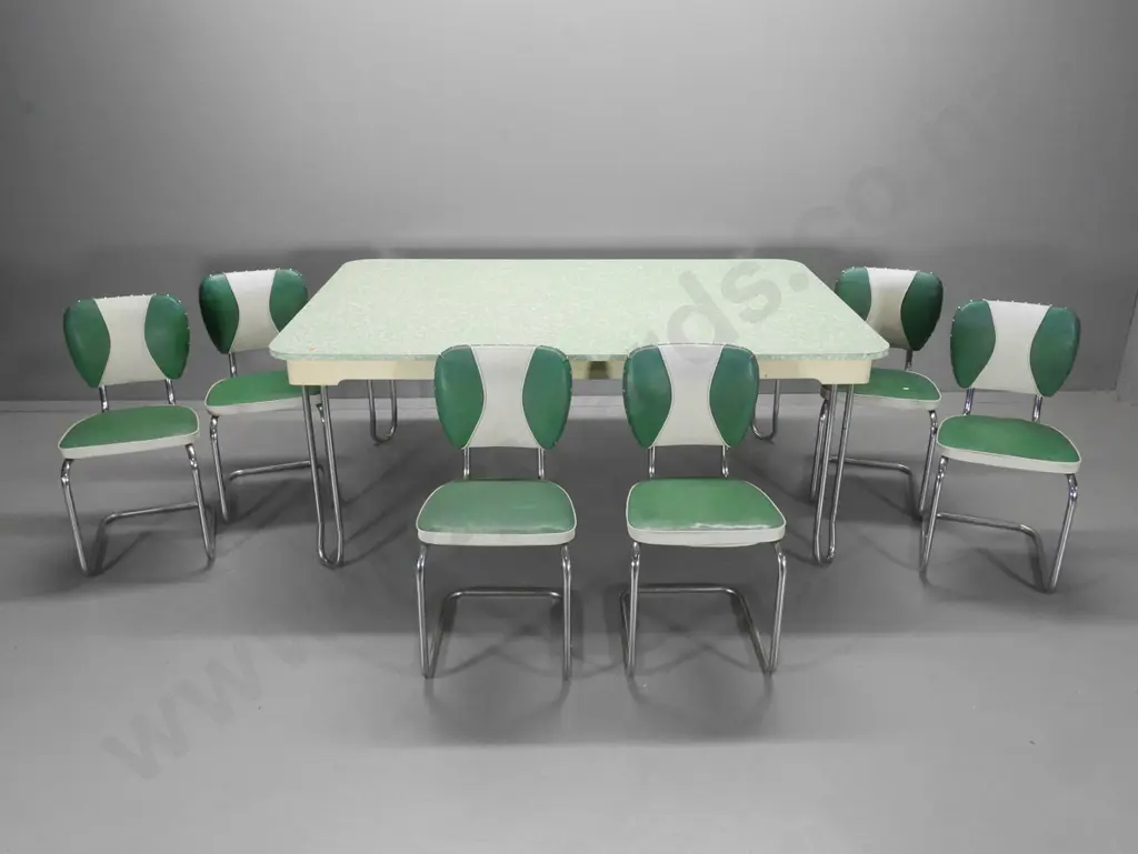 large retro formica top chrome leg dining table and 6 green & white vinyl covered sleigh chairs H765 L1840 W1210 Image 1++