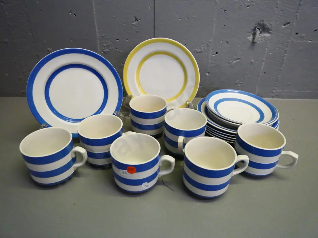 Cornish blue stripe ware - 7 cups & 2 saucers, 6 side plates, and a yellow side - a few chips, some crazing Image 1++