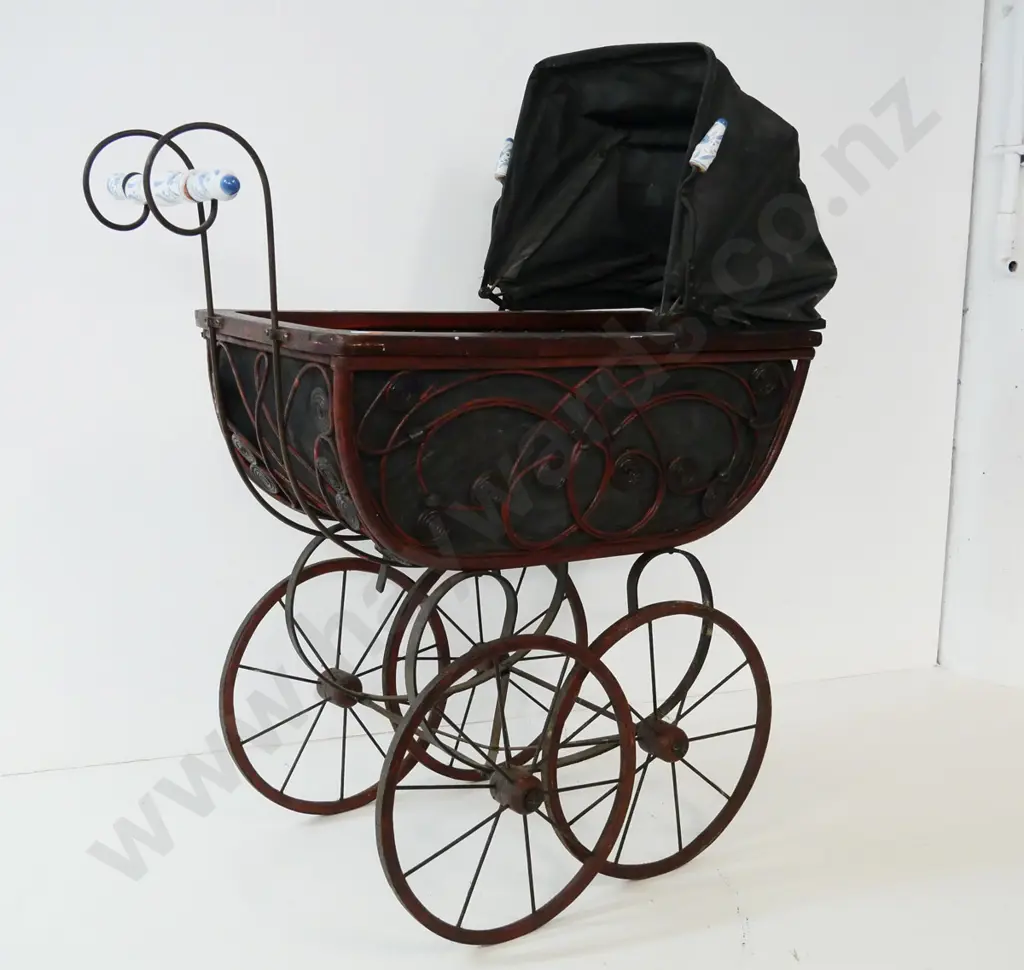 reproduction Victorian style doll's pram - timber, canvas & cane w/ blue & white ceramic handles H860 L750 W350 Image 1++