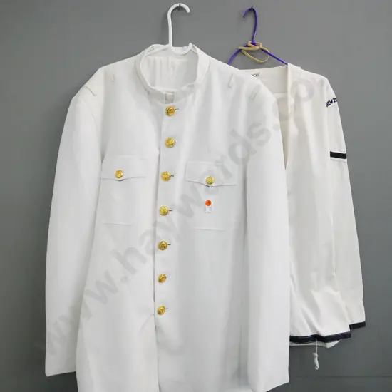 2 New Zealand Navy garments - sailor's top and trousers and a Naval dress jacket