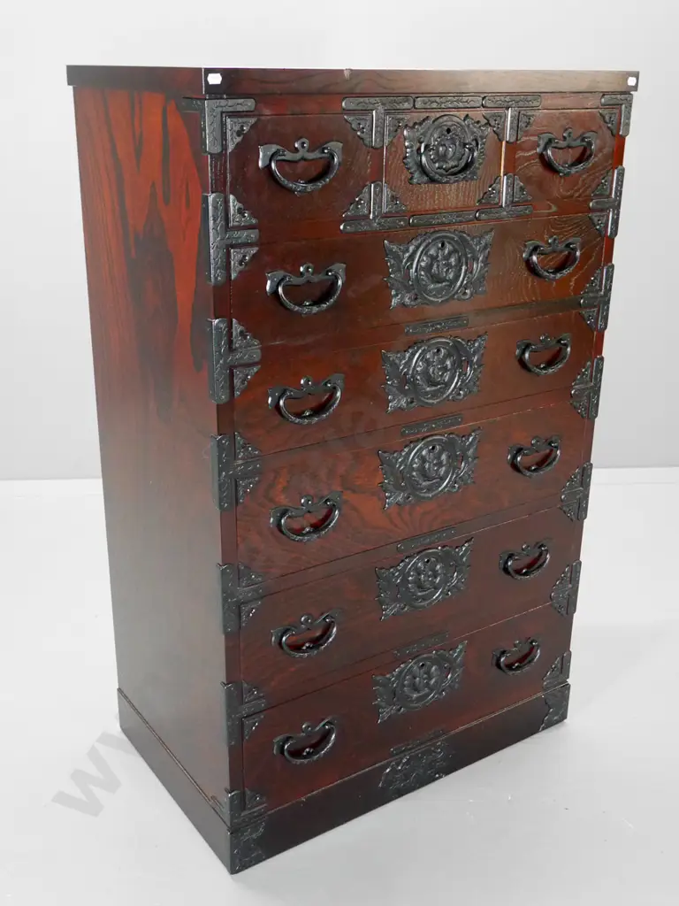 as-new reproduction Japanese 8-drawer chest with cast metal handles and binding, lockable, with keys H1200 W755 D460 Image 1++