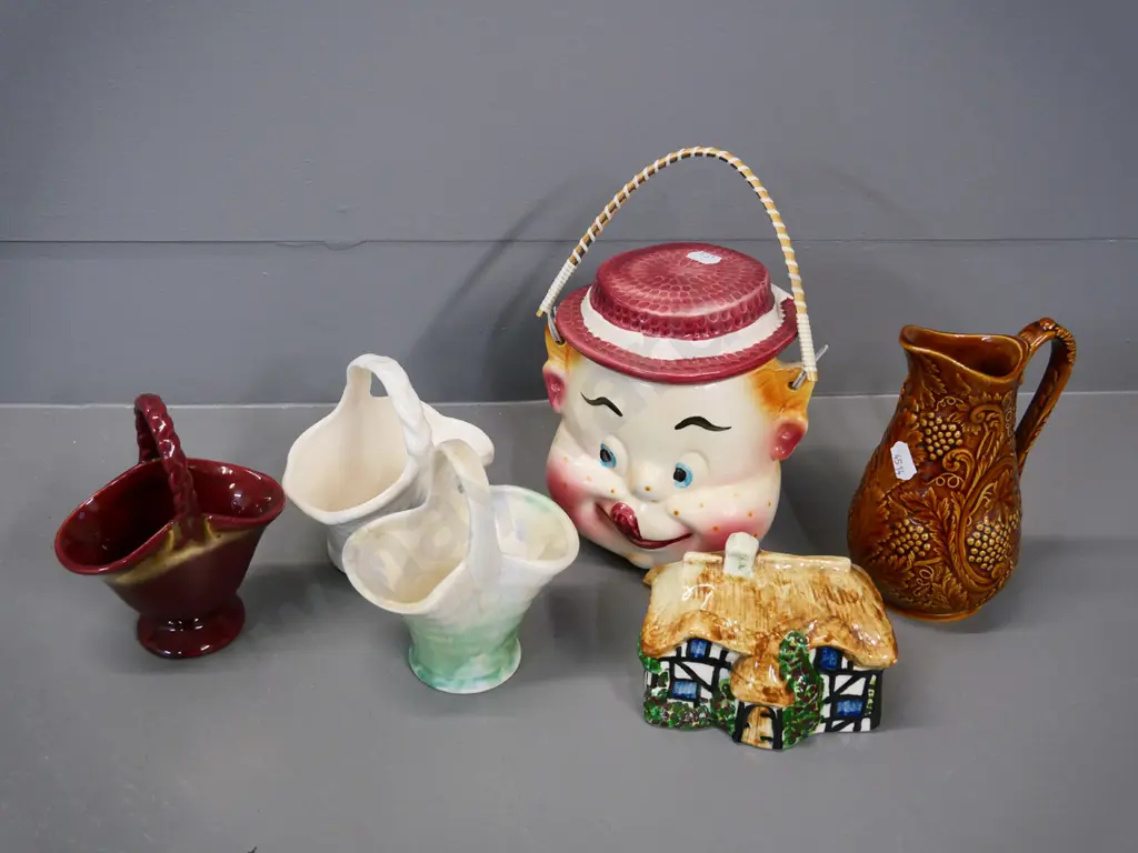 vintage china items - cottage money box, Portmeirion jug, Japanese biscuit barrel, 3 small basket vases Image 1++