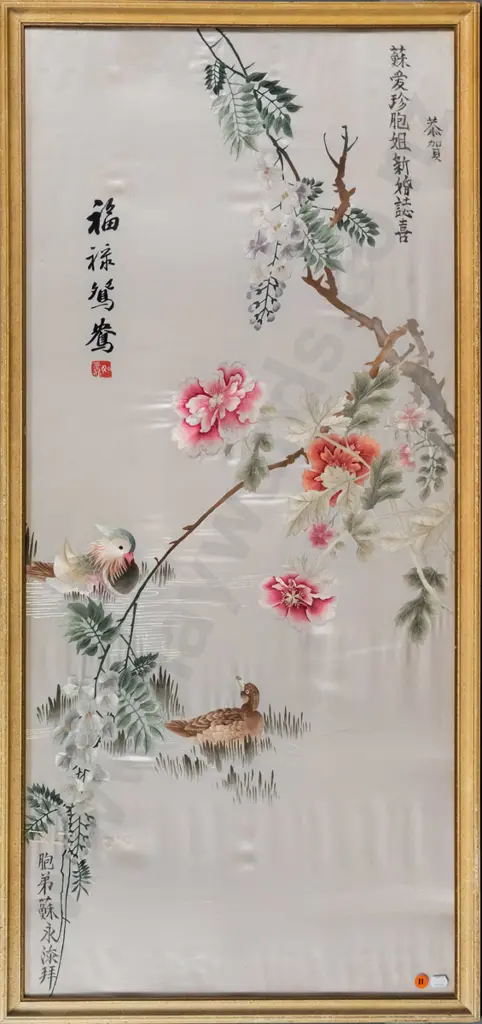 framed oriental needlework on silk - birds and flowers H-1000 W-440 Image 1++
