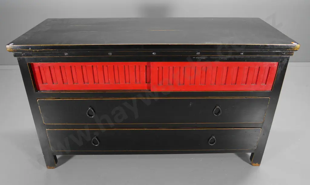 reproduction Chinese storage cabinet w/2 sliding doors, 2 drawers, metal handles, antiqued finish H820 W1380 D560 Image 1++