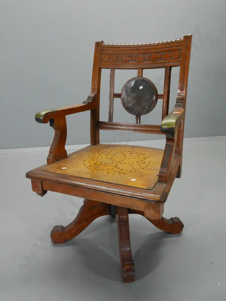 vintage carved oak office chair with carved top rail, brass caps on arms H910 W560 D520 Image 1++