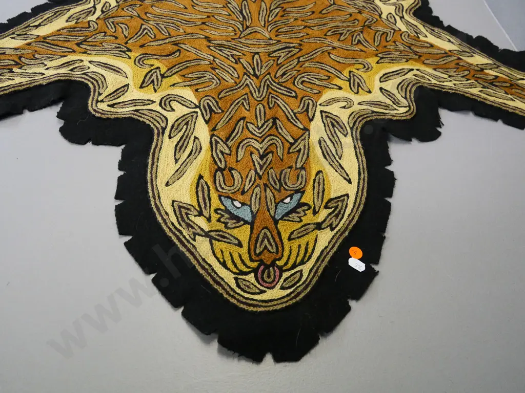 Kashmiri chain-stitch ornamental faux tiger skin - wool stitching on black felt backing L-1540 W-950 Image 1++
