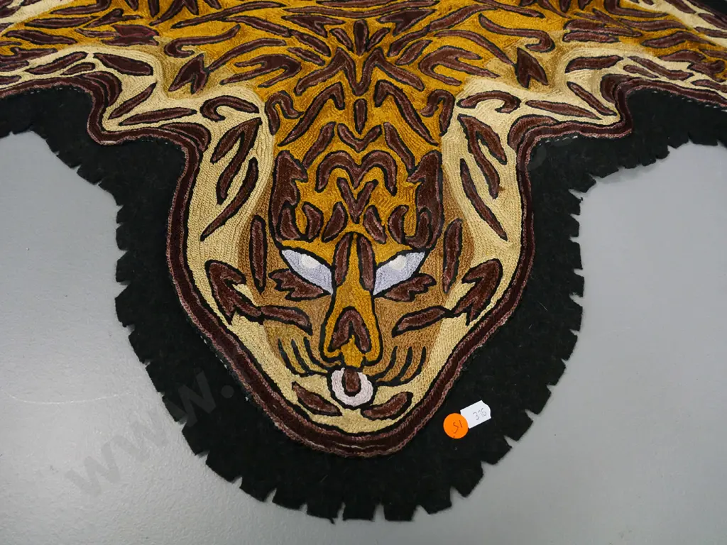 Kashmiri chain-stitch ornamental faux tiger skin - silk stitching on black felt backing L-1540 W-950 Image 1++