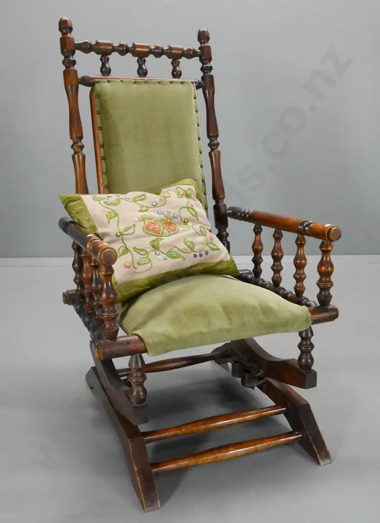vintage Dexter cotton-reel rocking chair w/velvet upholstered seat, scatter cushion - polish needs work. H1060 W570 D660 Image 1++