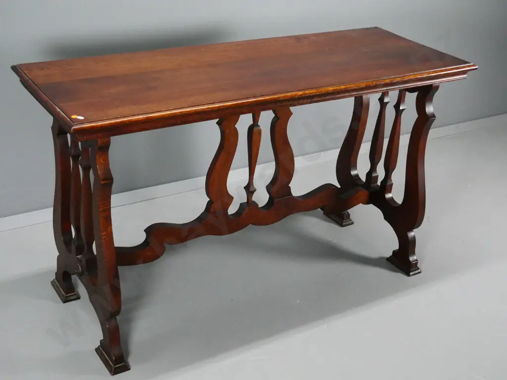 oak arts & crafts harp-end hall table - has had top split repaired H790 W1370 D500 Image 1++