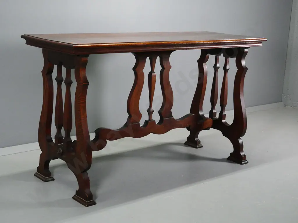oak arts & crafts harp-end hall table - has had top split repaired H790 W1370 D500 Image 1++