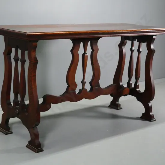 oak arts & crafts harp-end hall table - has had top split repaired H790 W1370 D500