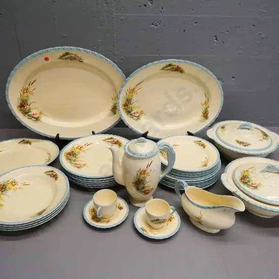 assorted New Hall Hanley dinnerware - 3 ashetts, 2 covered veges, coffee pot (chip inside rim) 3 sizes of plates etc.