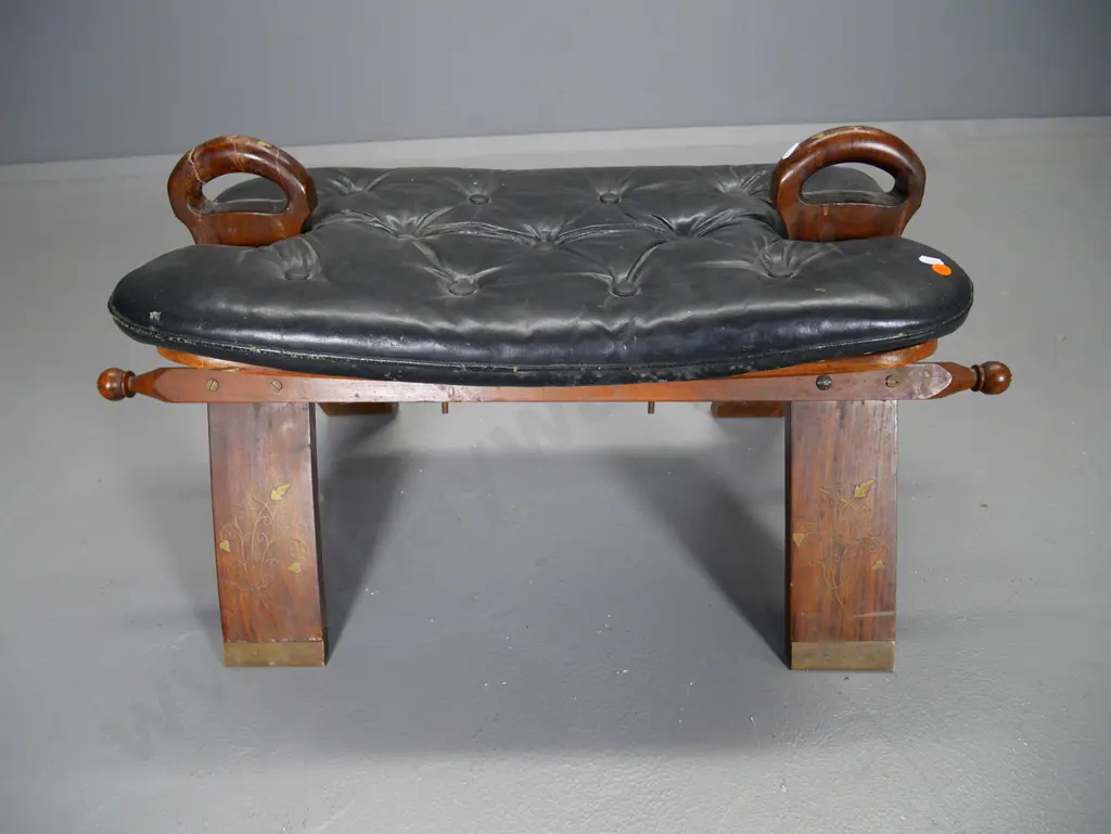 camel stool with studded leather cushion - scuffs and has had repair to one handle H-410 L-740 W-370 Image 1++