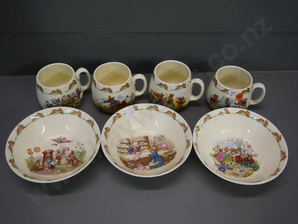 Royal Doulton Bunnykins items - 4 mugs and 3 bowls Image 1++