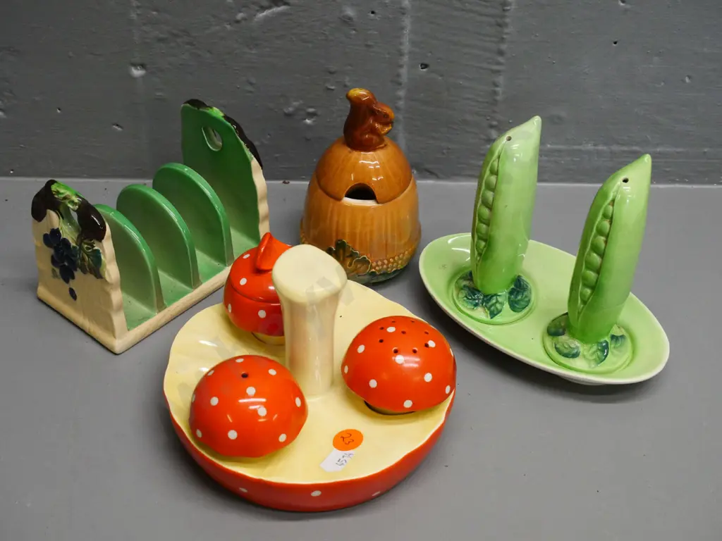 various Carlton Ware items: pea pod salt & pepper, mushroom condiment set,  jam pot & grape pattern toast rack, Image 1++