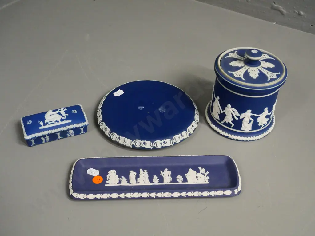 assorted dark blue English jasperware - Adams tea caddy H-135 D-110, Wedgwood, etc. Image 1++