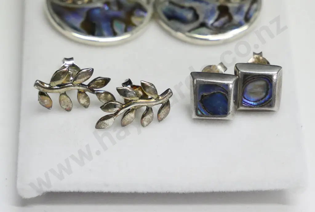3 pairs of silver earrings, 2 paua shell all stamped 925 Image 1++