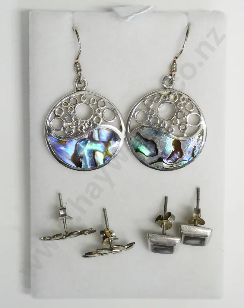 3 pairs of silver earrings, 2 paua shell all stamped 925 Image 1++