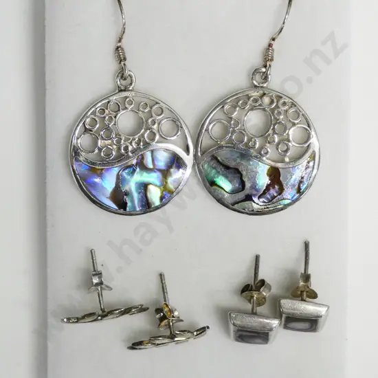 3 pairs of silver earrings, 2 paua shell all stamped 925