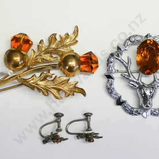 costume brooch & earring set & thistle brooch