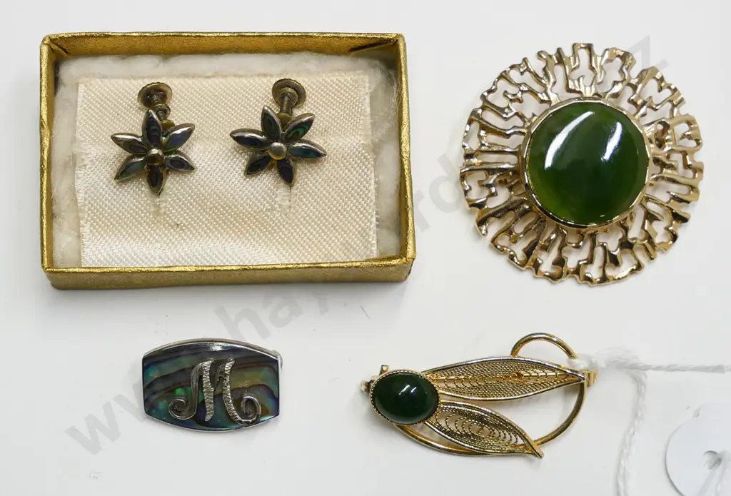 paua shell brooch & earring & 2 costume greenststone brooch Image 1++