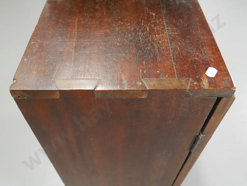 vintage oak cabinet w/open shelf, 2 drawer, 2 doors w/banded edges, brass handles. 1 door slightly warped H990 W700 D270 Image 1++