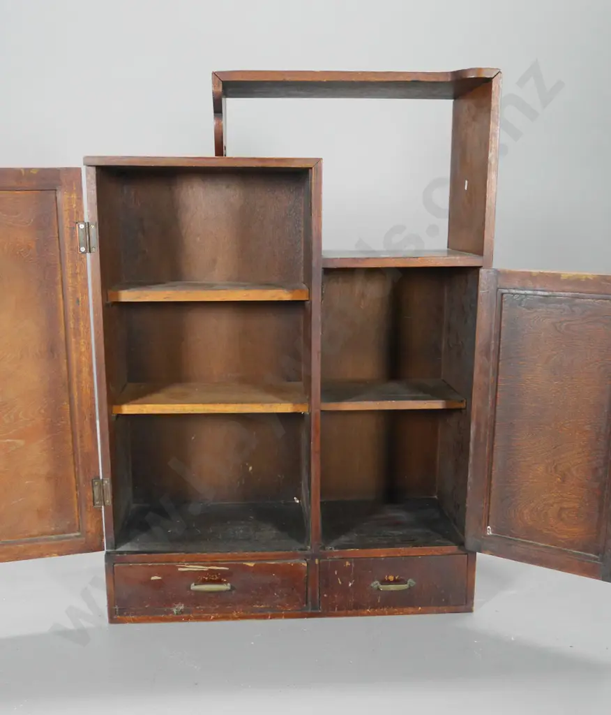 vintage oak cabinet w/open shelf, 2 drawer, 2 doors w/banded edges, brass handles. 1 door slightly warped H990 W700 D270 Image 1++