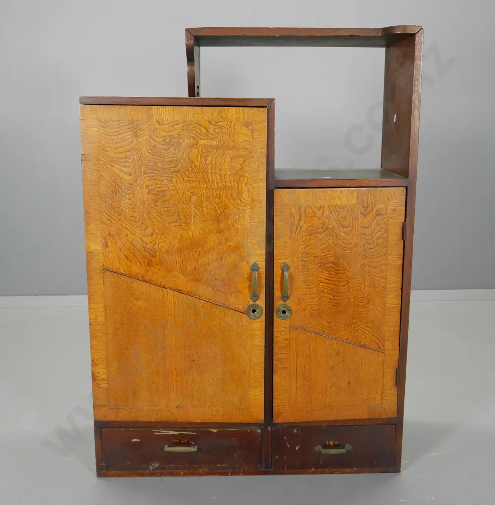 vintage oak cabinet w/open shelf, 2 drawer, 2 doors w/banded edges, brass handles. 1 door slightly warped H990 W700 D270 Image 1++