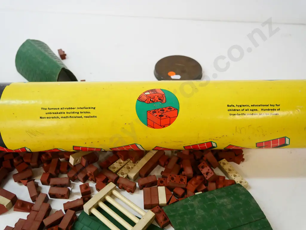vintage Minibrix construction toy set with rubber pieces - wear and aging, some damage to tube Image 1++