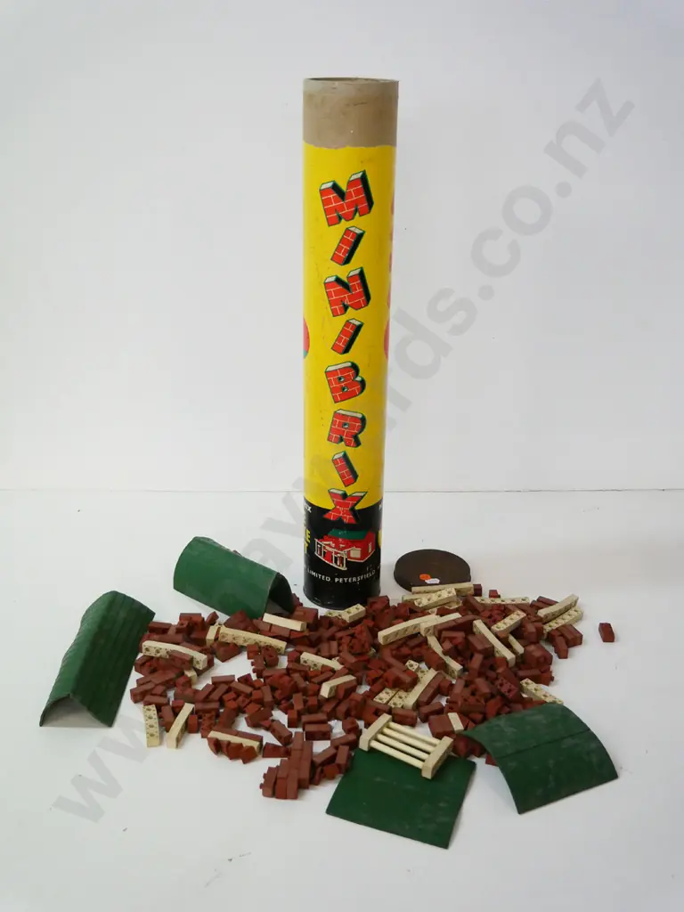 vintage Minibrix construction toy set with rubber pieces - wear and aging, some damage to tube Image 1++