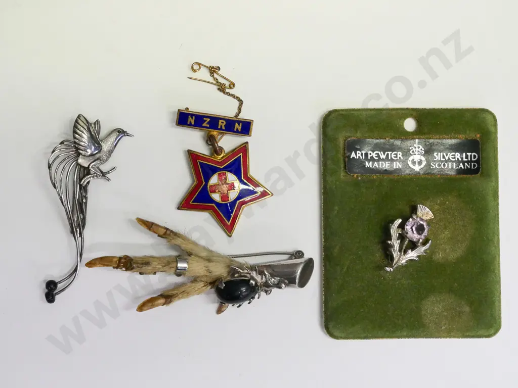silver thistle brooch with amethyst,claw brooch, peacock brooch & NZRN nurses badge Image 1++
