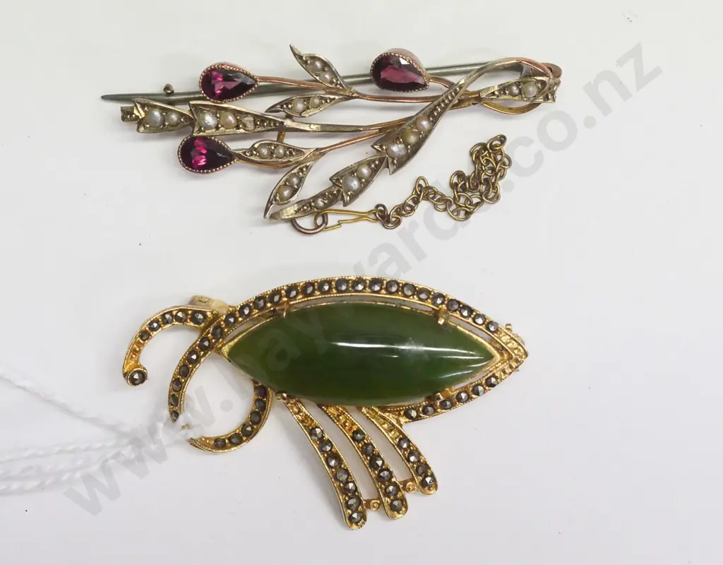 ruby & seed pearl brooch [safety chain broken] & green stone & diamante brooch Image 1++