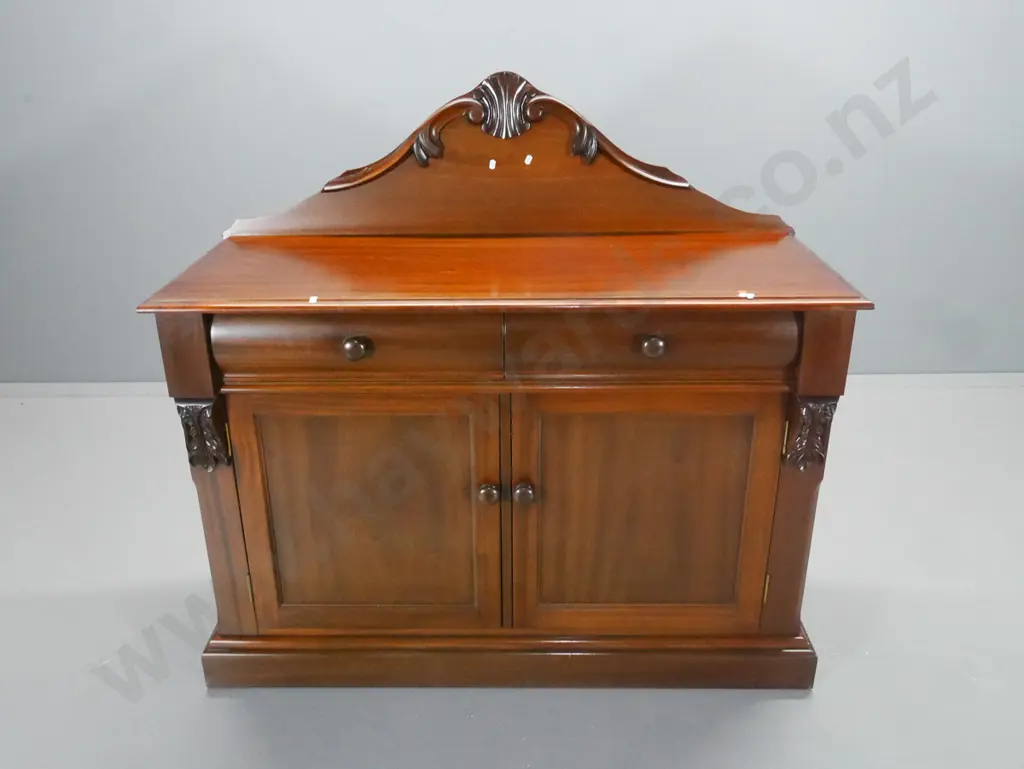 reproduction mahogany chiffonier w/carved back and corbels, 2 doors, 2 drawers - back a bit loose. H1160 W1200 D480 Image 1++