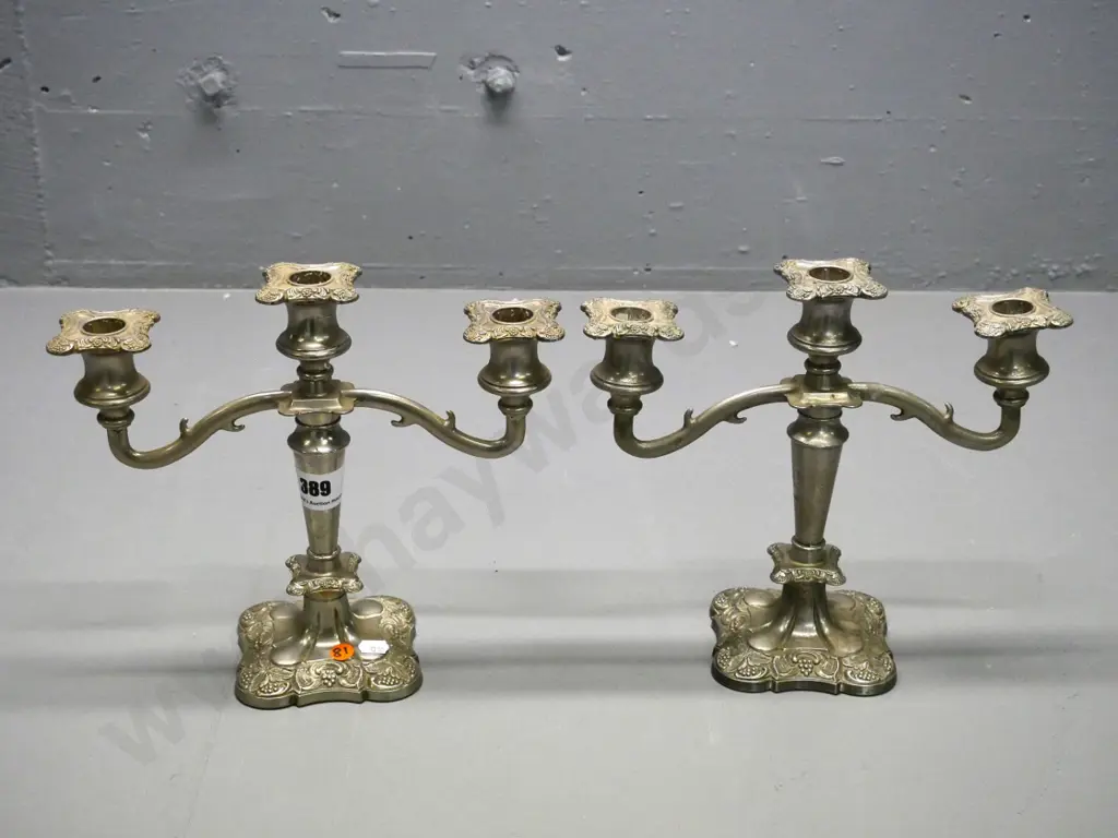 pair of heavy grape patterned plated 3 candle candelabra H-250 W-280 Image 1++