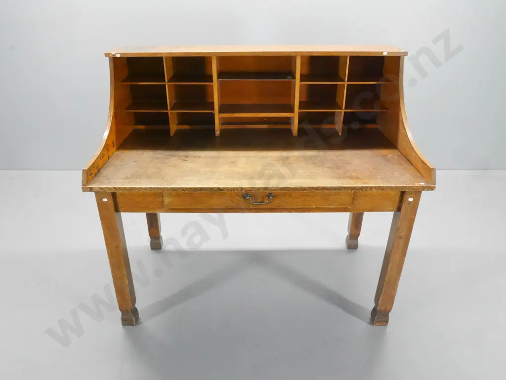 large vintage oak writing stand / desk with single drawer, pigeonhole upstand back H-1200 W-1400 D-770 Image 1++