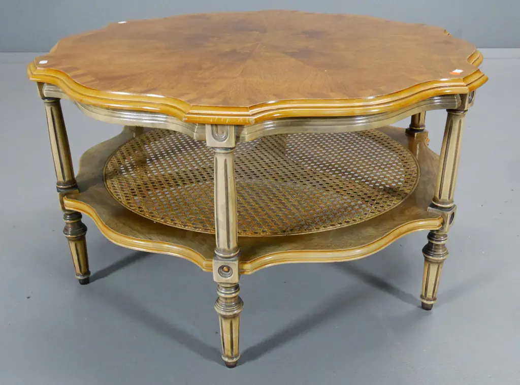 Kovacs NZ reproduction French style coffee table w/ quartered veneer top, bergere can shelf, fading to polish H420 D800 Image 1++