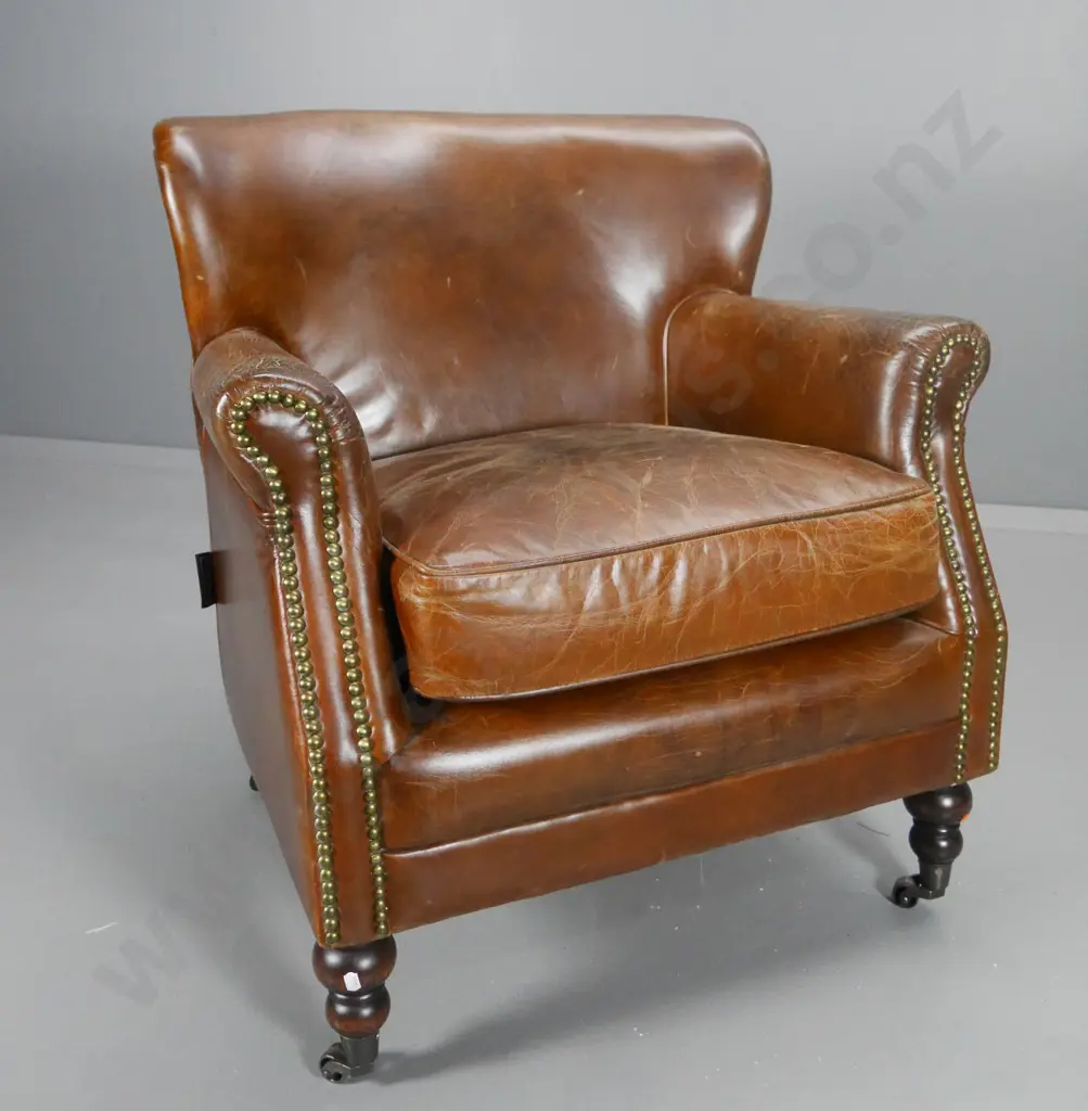 reproduction studded leather small armchair with antiqued finish - some marks to leather H780 W730 D650 Image 1++