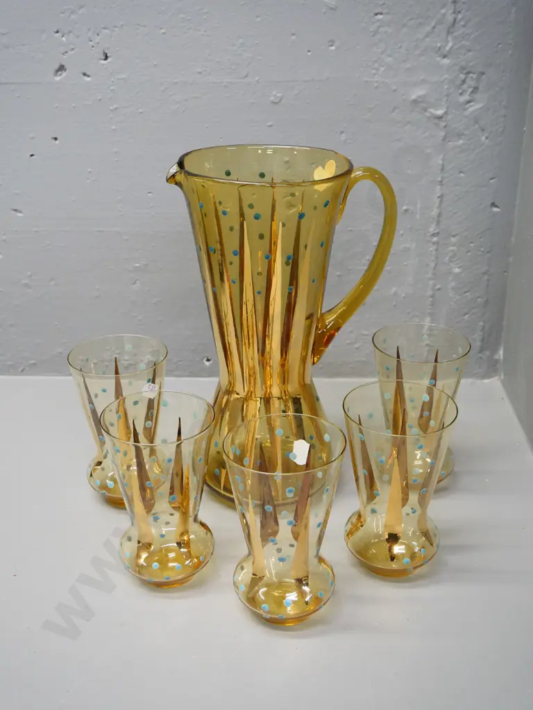 retro water set with jug and 5 glasses - amber with gilt and teal spots Image 1++