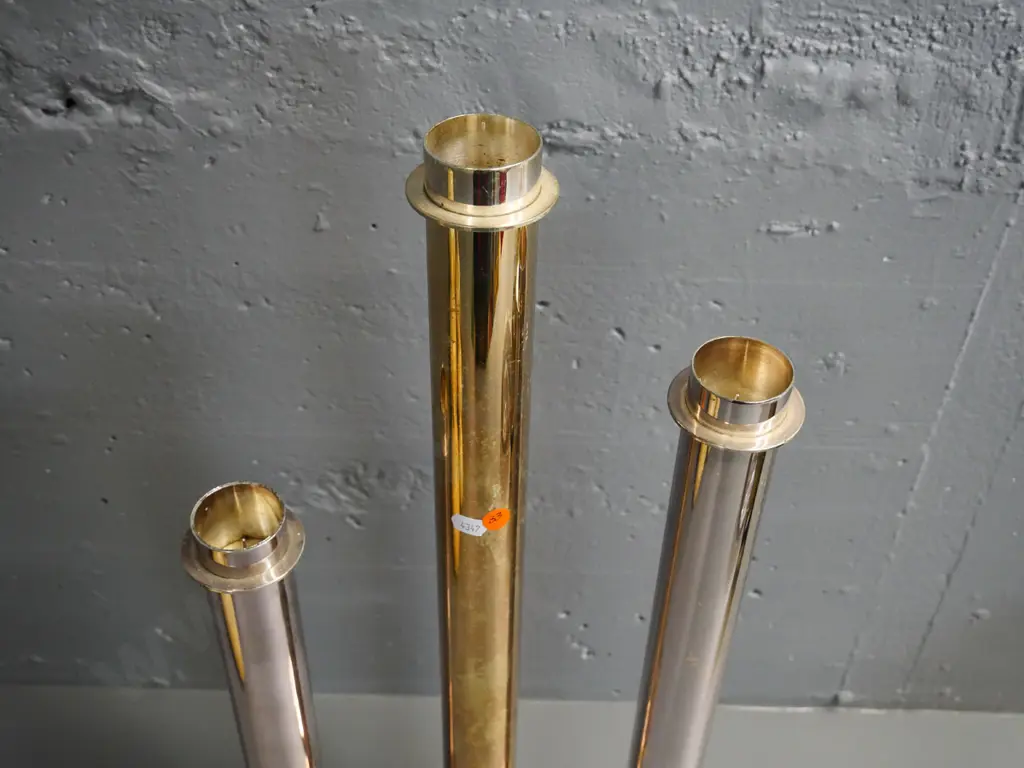 3 tall metal candle holders with rose/copper shades - some discolouration / variation in finish - tallest H-650 Image 1++