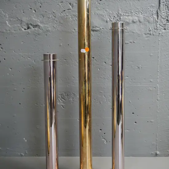3 tall metal candle holders with rose/copper shades - some discolouration / variation in finish - tallest H-650