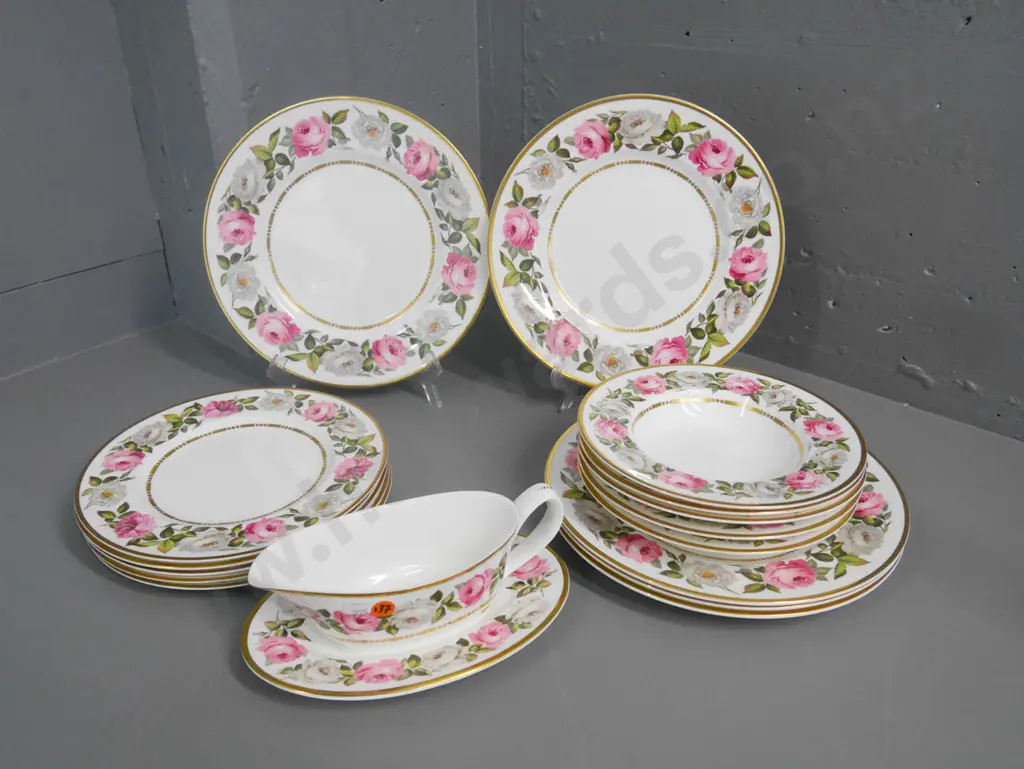 Royal Worcester "Royal Garden" pink and white rose dinner items with gold band Image 1++