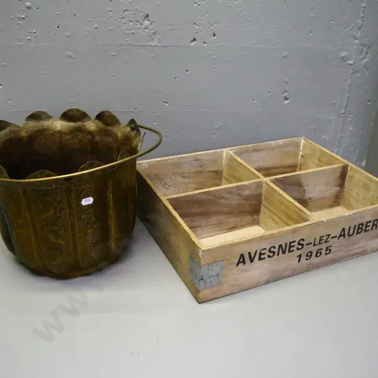 wooden crate with metal corner binding 420 x 320 and a figured brass bucket / jardiniere H-220 D-260