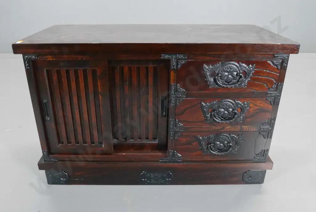 reproduction Chinese 3-drawer cabinet with 2 sliding doors - slight fading to top H500 W800 D370 Image 1++