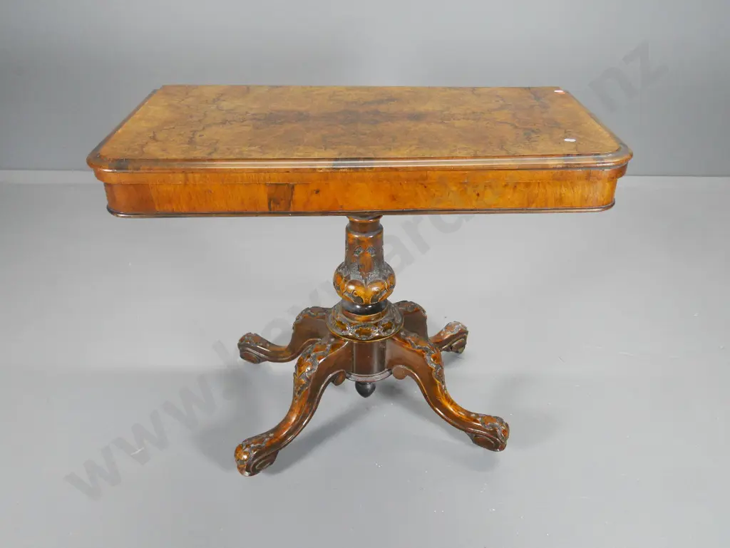 antique games table with burr walnut top with heavily carved pedstal base on casters H-760 900x900 when open Image 1++