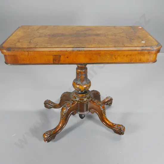 antique games table with burr walnut top with heavily carved pedstal base on casters H-760 900x900 when open