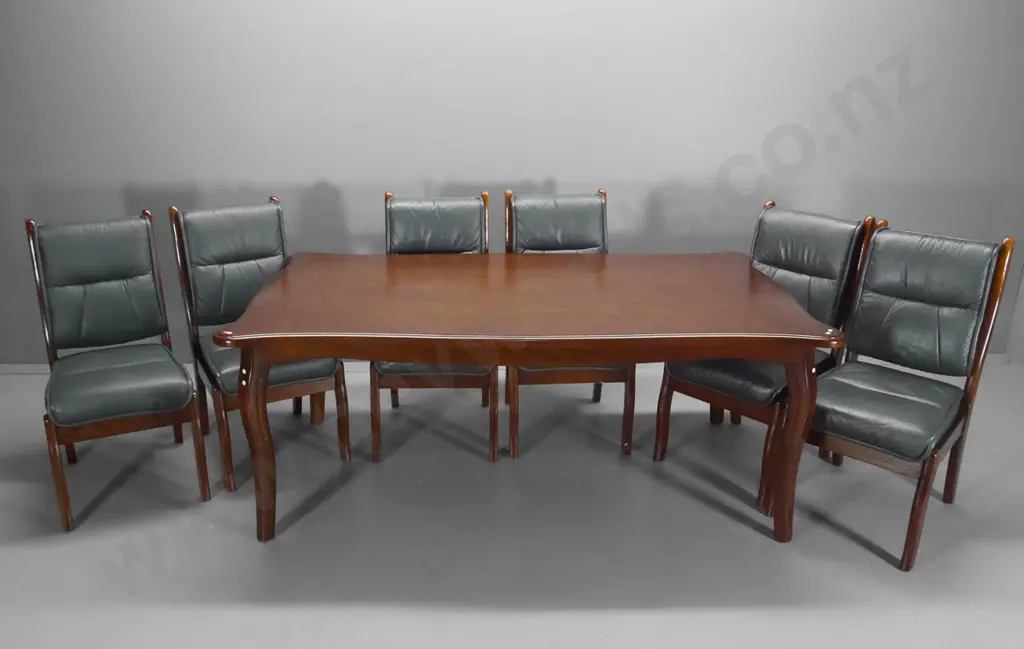 heavy oak 7-piece dining suite w/ green leather upholstered seats & backs H-760 L-1870 W-1070 Image 1++