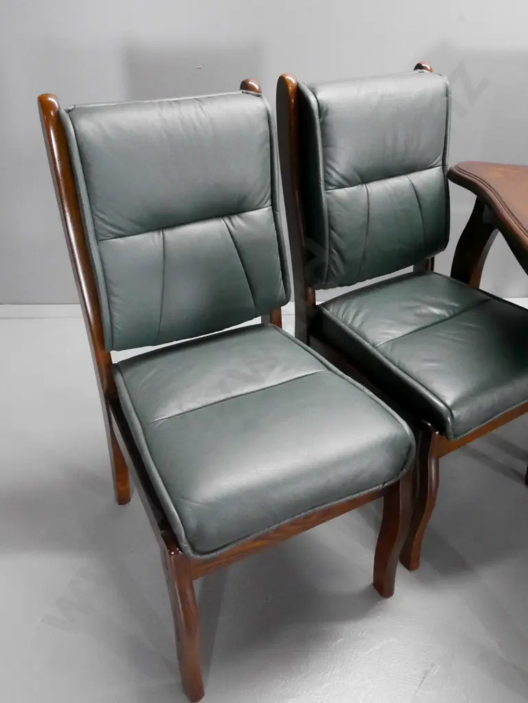 heavy oak 7-piece dining suite w/ green leather upholstered seats & backs H-760 L-1870 W-1070 Image 1++