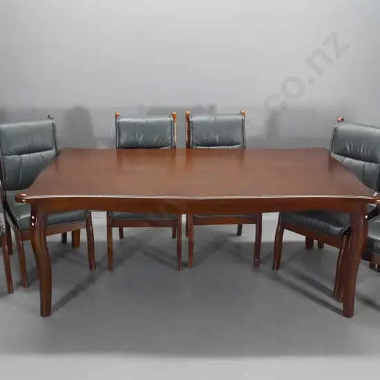 heavy oak 7-piece dining suite w/ green leather upholstered seats & backs H-760 L-1870 W-1070
